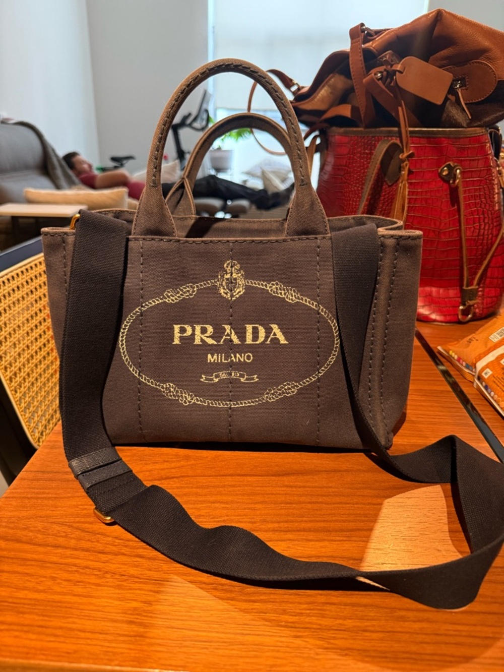 Prada Black Canvas Mini Tote with Gold Logo Print - Picture 2 of 5